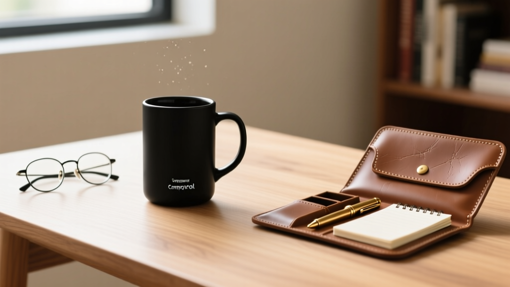 A matte black smart temperature-control mug sitting on a wooden desk next to a leather everyday carry organizer and reading glasses