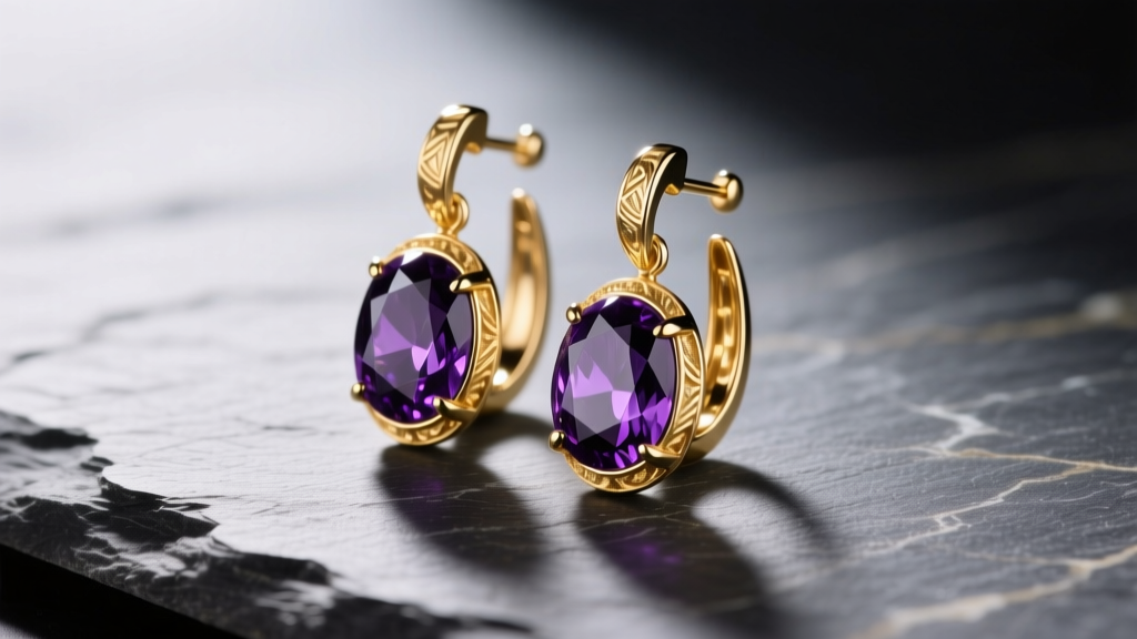 Close-up of 18k gold drop earrings with dark purple amethyst on slate, soft studio lighting highlighting the faceted gem surfaces.