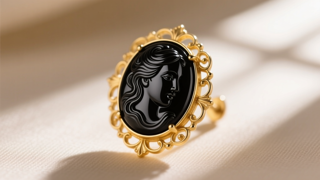 Close-up of a Victorian black onyx cameo earring with 14k yellow gold filigree borders against a muted beige silk background.