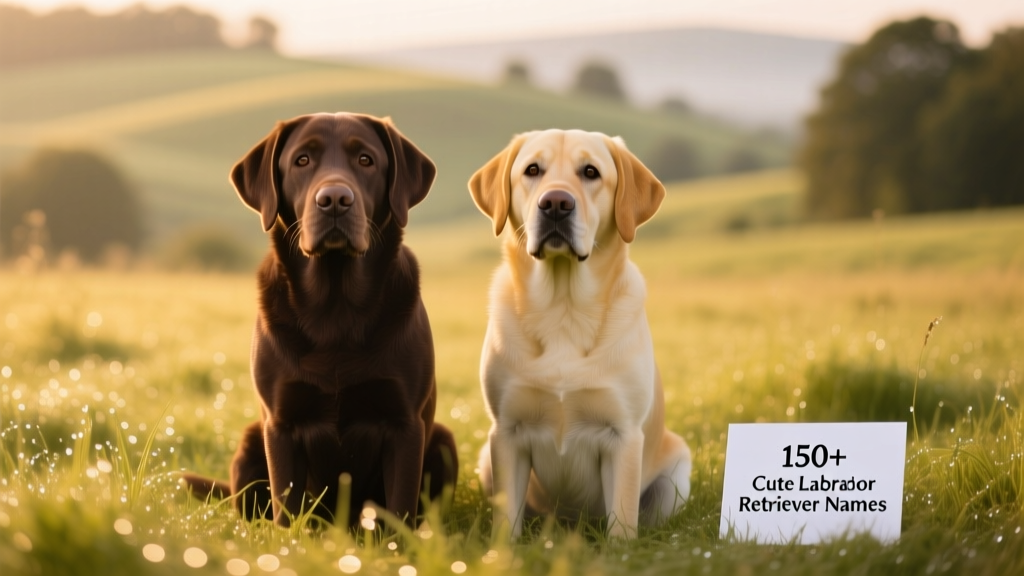Two Labrador Retrievers, one chocolate, one yellow, sitting side-by-side on a field of grass