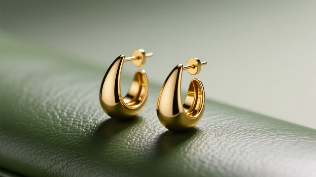 Gold-plated brass teardrop earrings resting on textured sage green leather, illuminated by soft directional studio lighting.