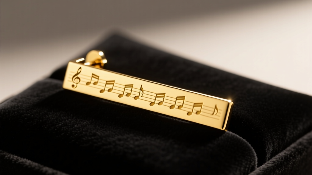14k yellow gold horizontal bar earring with laser-engraved song lyrics resting on dark velvet under warm studio lighting.