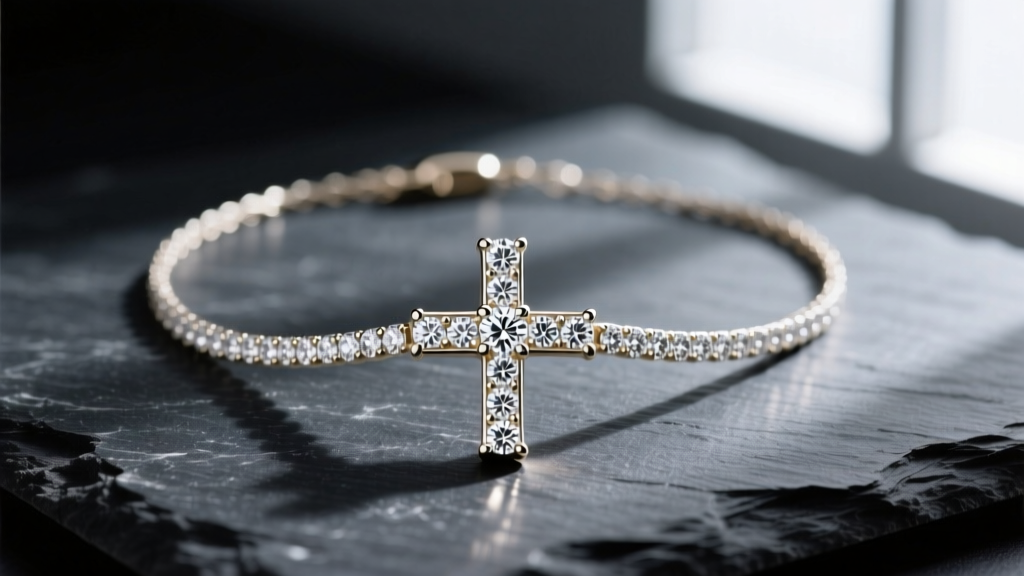 Close-up of a 14k white gold Effy diamond cross necklace resting on dark slate, highlighting pavé set round brilliant diamonds.