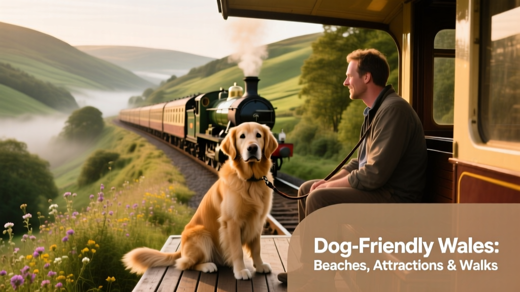 A vintage steam train winding through lush green hills and valleys, with a dog sitting calmly beside its owner on an open-air carriage platform