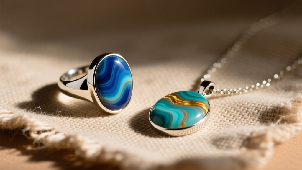 Flat lay of polished Ocean jasper stone jewelry, a silver bezel ring and pendant on textured linen cloth in warm natural sunlight