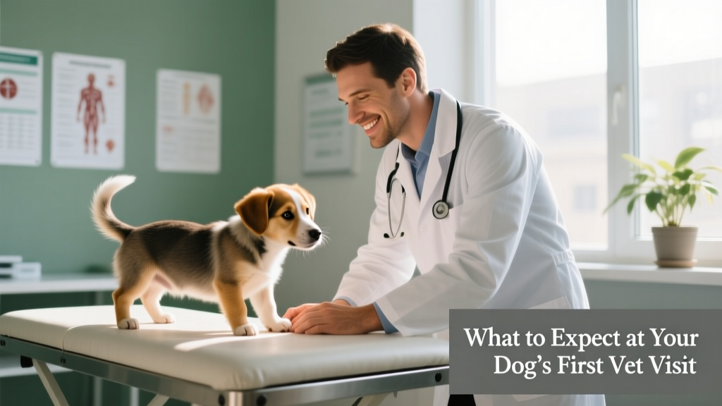 A calm, friendly veterinarian gently examining a relaxed puppy on an exam table