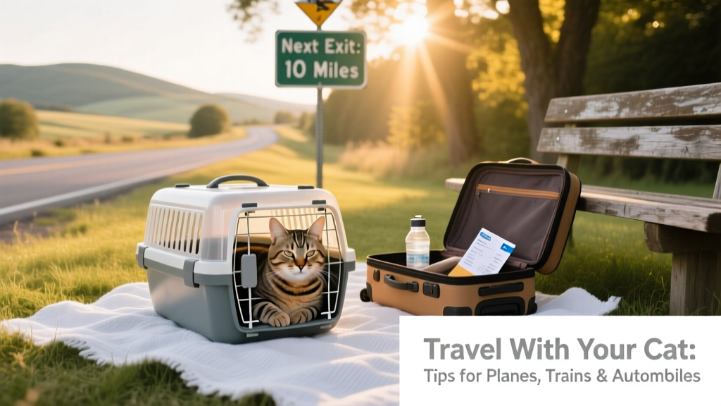 tabby cat resting peacefully inside a ventilated carrier placed on a picnic blanket beside a scenic roadside stop