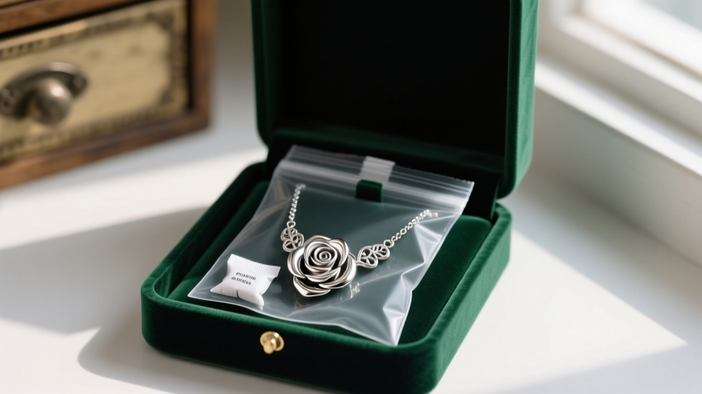 Polished silver rose necklace sealed in an anti-tarnish bag with silica gel, resting inside an open dark velvet jewelry box.