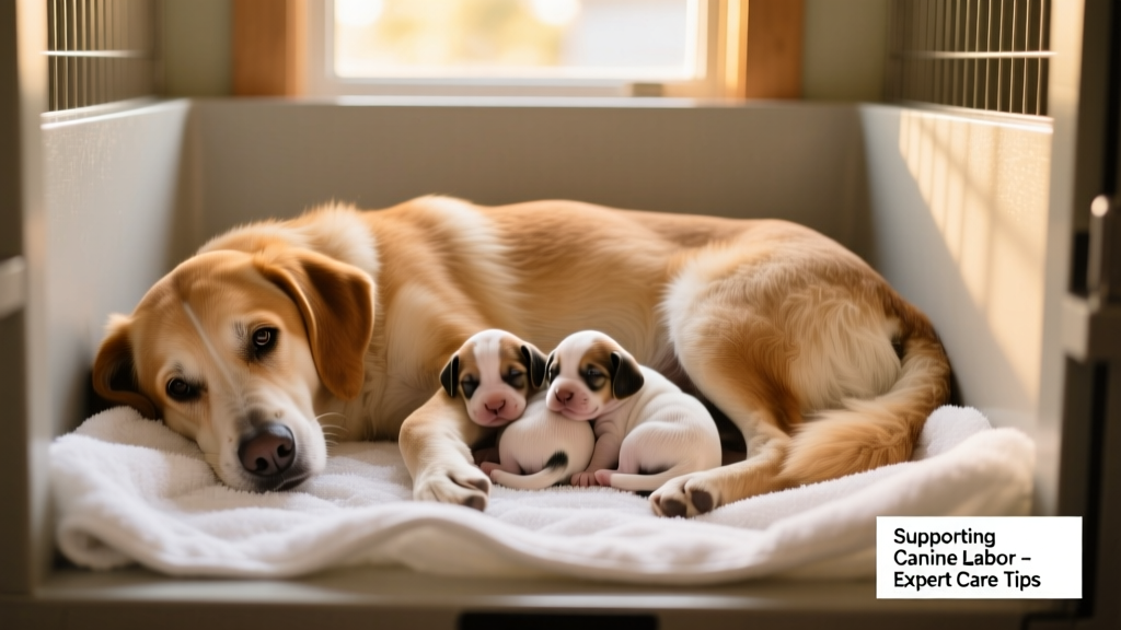 Newborn puppies nestled against their mother in a warm, dimly lit whelping box with clean towels