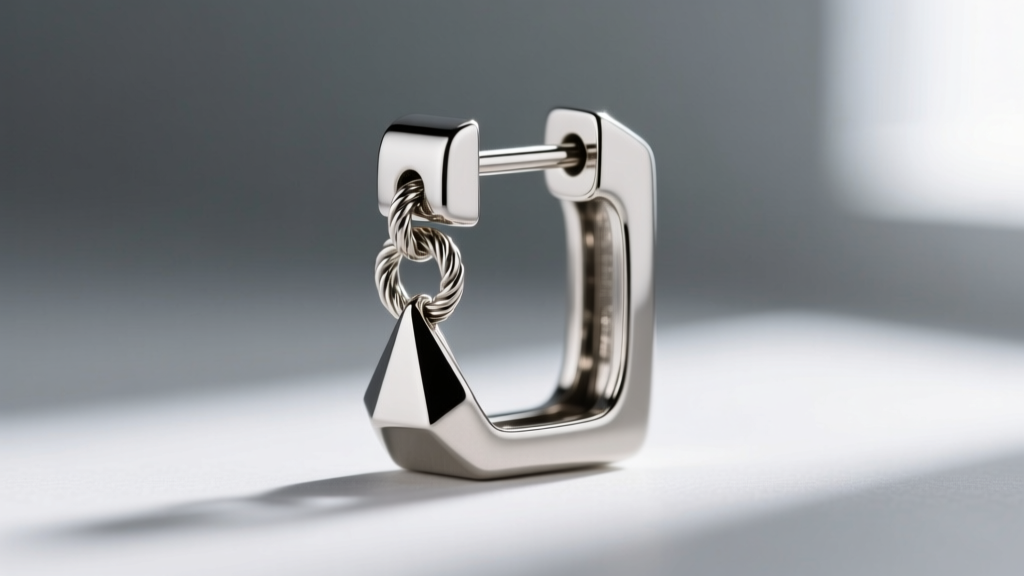 Macro shot of a hinged titanium dangle square earring showing the micro-welded jump ring connecting the geometric drop to the post