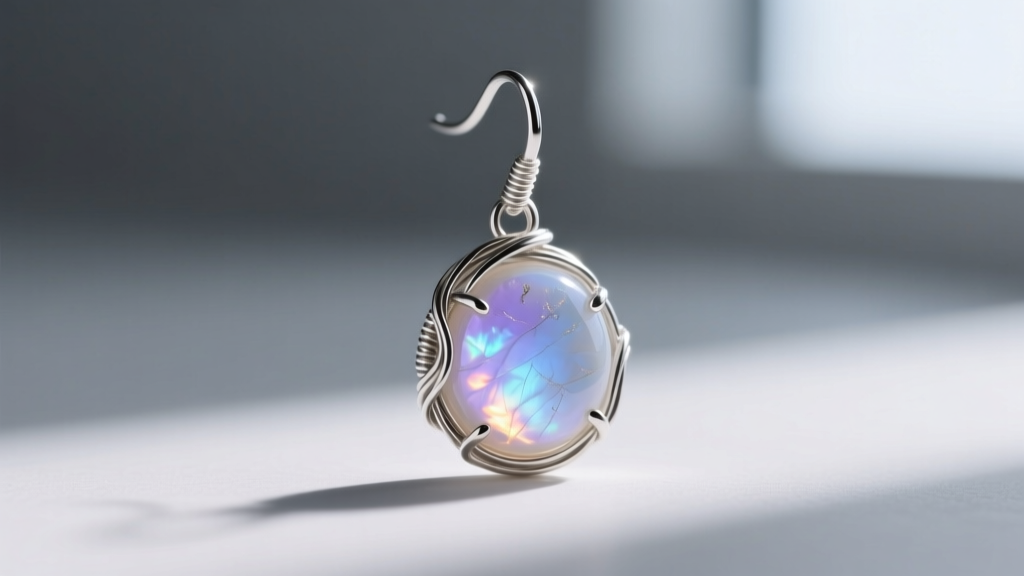 Macro shot of a homemade earring with a moonstone briolette wrapped in 24-gauge silver wire on a soft grey backdrop.