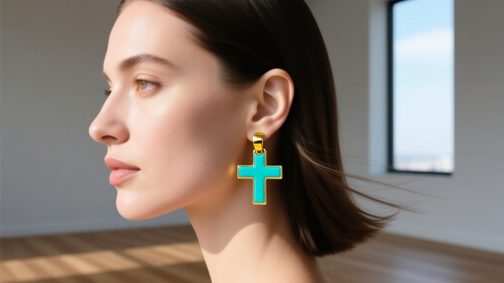 Side profile of a woman with a square face wearing small 14k yellow gold and turquoise cross huggie earrings in natural daylight.