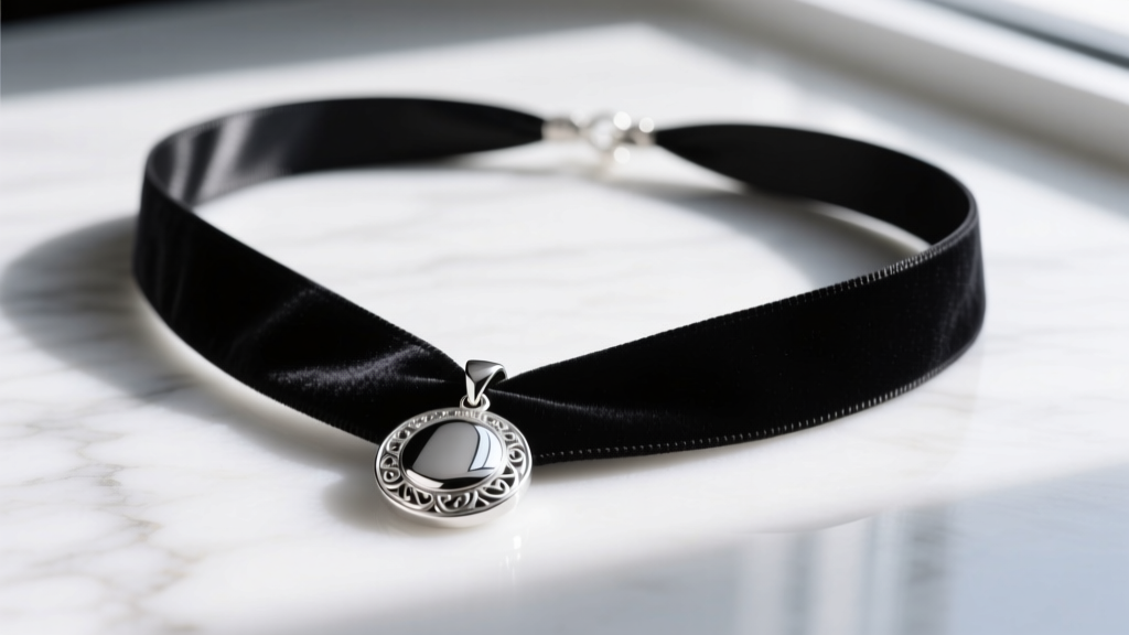 Close-up of a black velvet ribbon necklace with a sterling silver pendant, laid flat on white marble with soft natural lighting