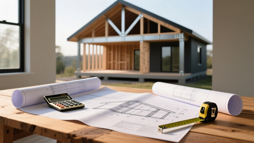 Architectural blueprints spread on a plywood table next to a calculator, tape measure, and modern house framing in the background