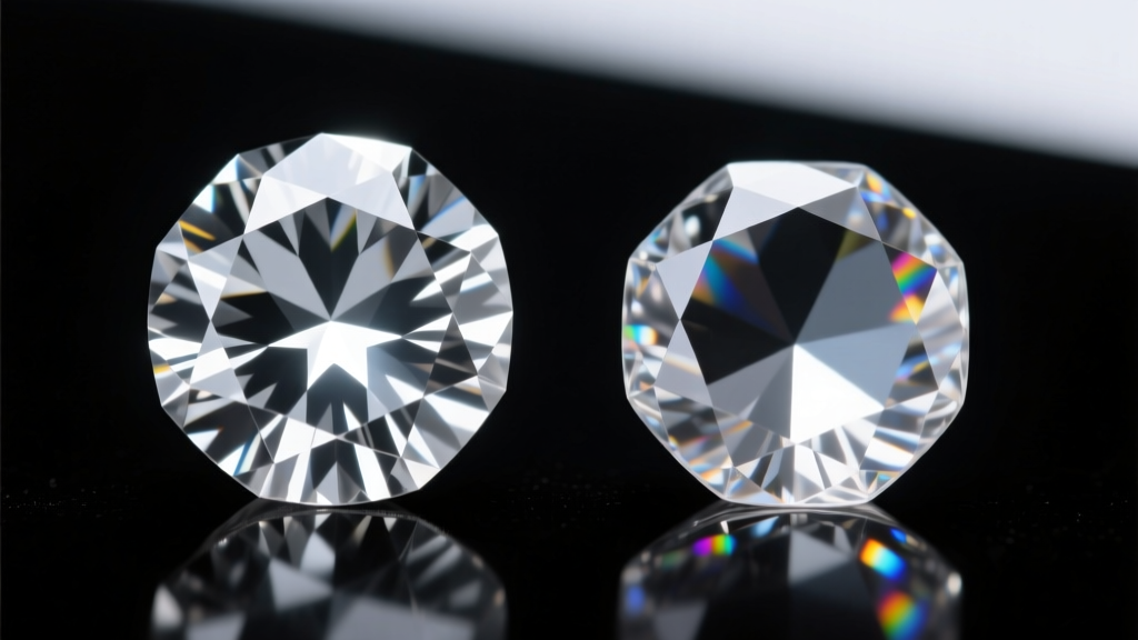Microscope view of diamond and cubic zirconia, highlighting sharp facet junctions against rounded edges on the softer simulant gem.