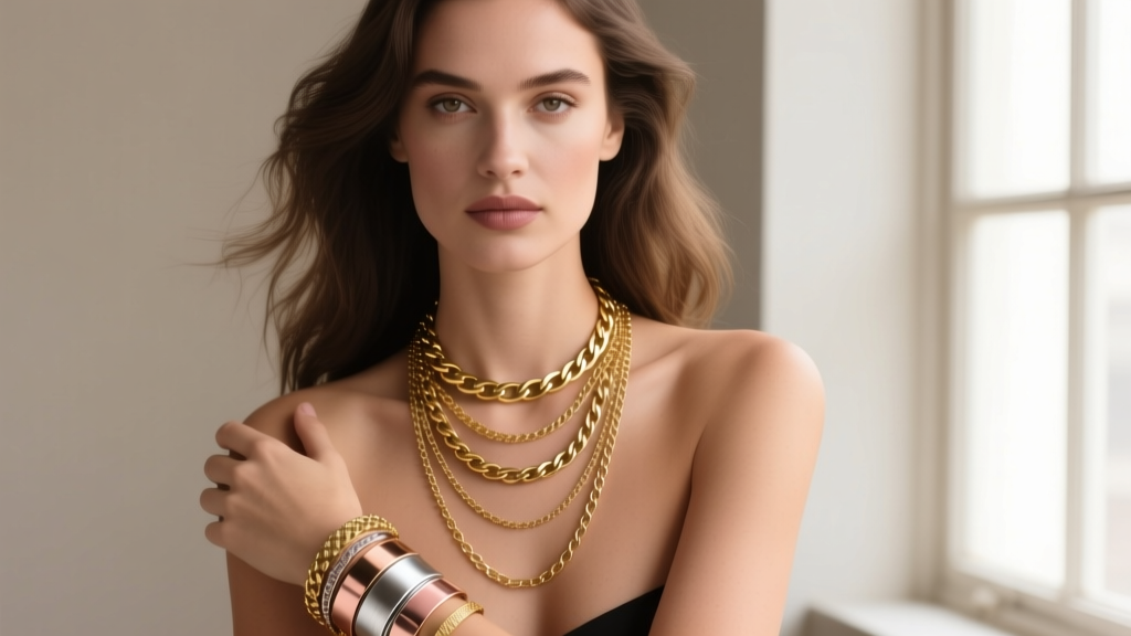 Fashion portrait of a woman wearing layered gold Figaro necklaces and a coordinated stack of mixed-metal bracelets on her wrist