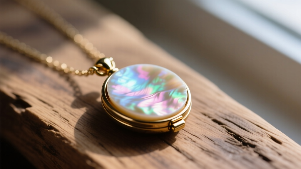 Close-up of a mother of pearl shell locket necklace on wood, highlighting iridescent nacre and a polished brass hinge.