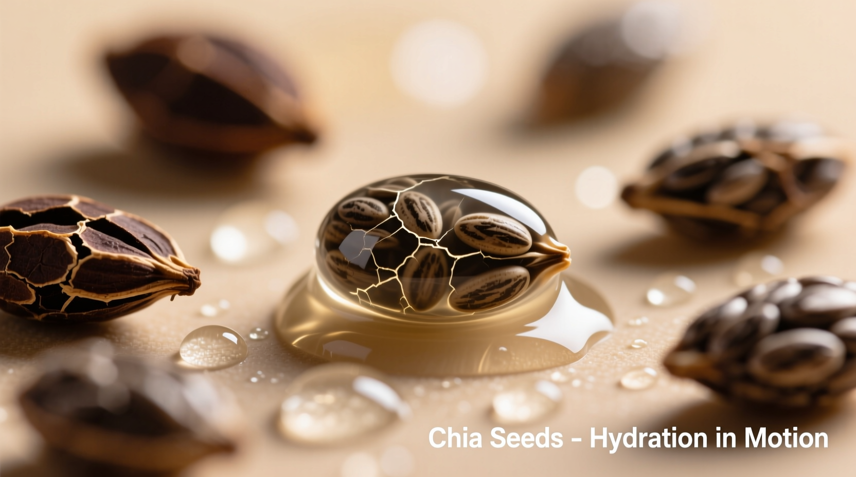 Chia seeds transforming from dry to gelatinous state