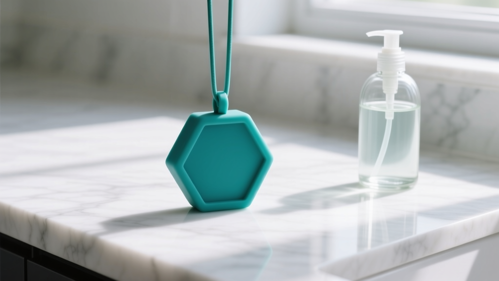 Teal food-grade silicone hexagon pendant resting on a white marble countertop next to a small bottle of mild, unscented dish soap.