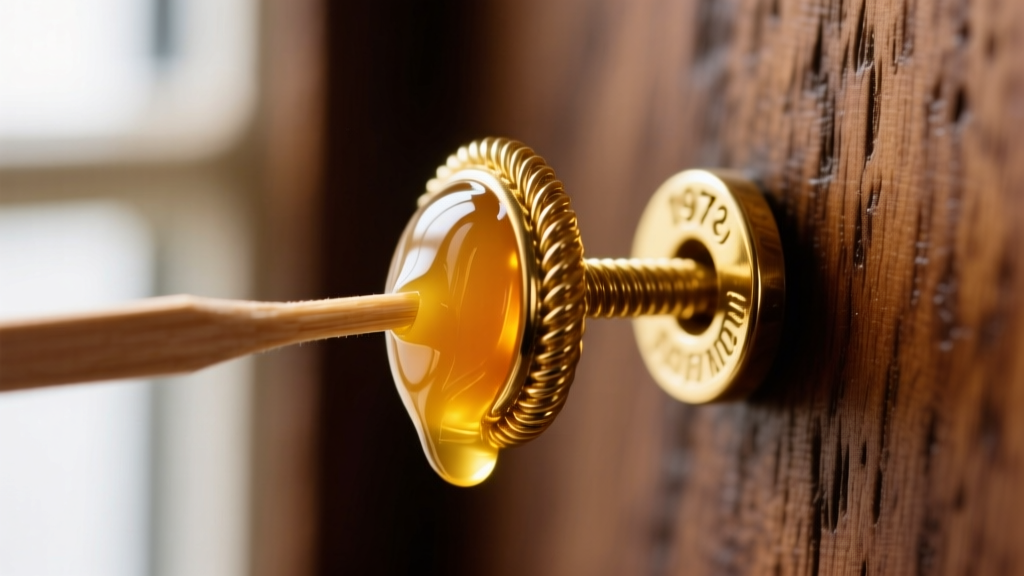 Extreme close-up of a vintage 1970s gold screw-back earring clasp being carefully lubricated with a wooden toothpick and beeswax