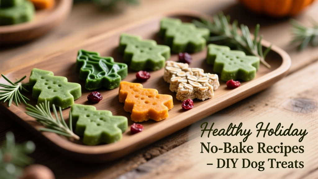 A festive tray of green Christmas tree-shaped dog treats on a wooden surface