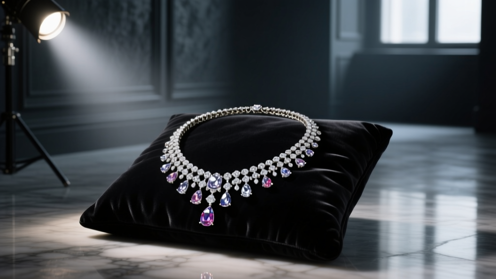 A vintage diamond riviere necklace on dark velvet, lit by a dramatic spotlight in a moody, cinematic jewelry studio setting.