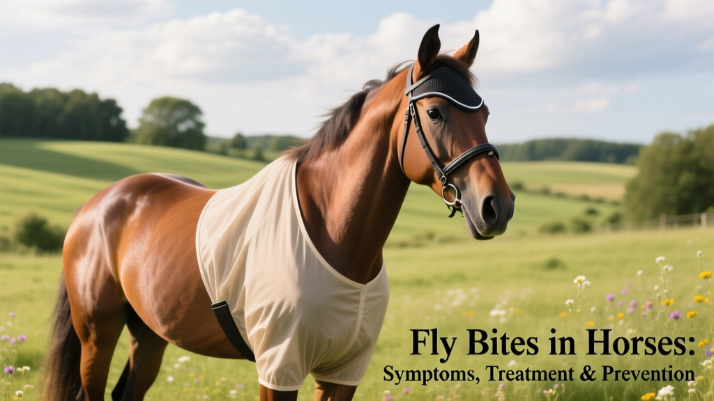 Horse wearing a well-fitted fly mask and lightweight fly sheet in a pasture during summer