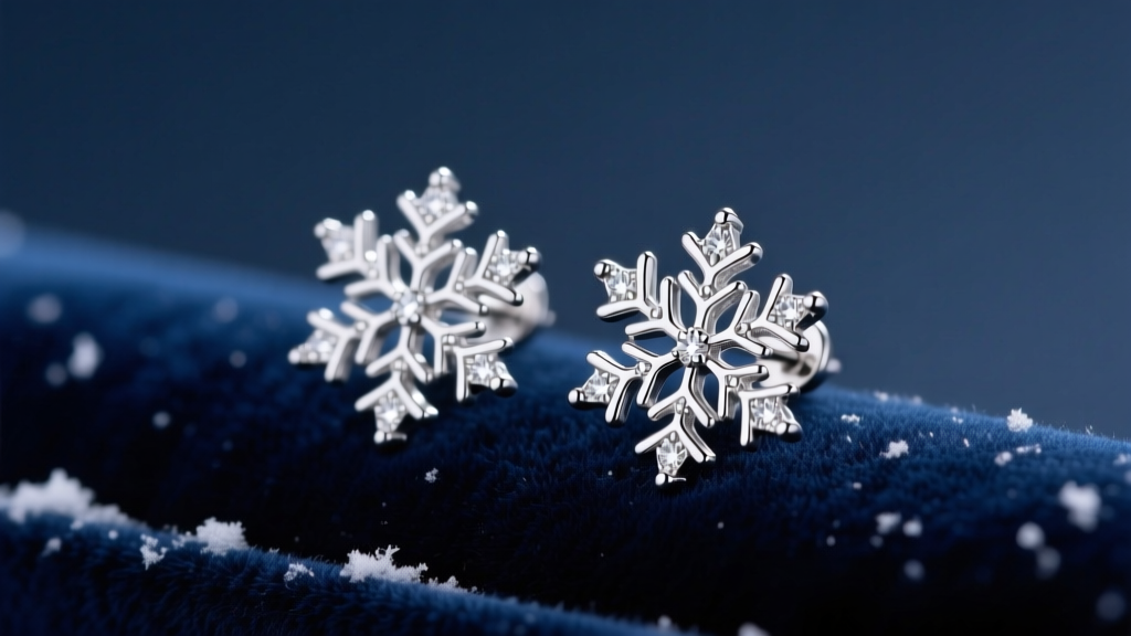 Close-up of intricate 925 sterling silver snowflake stud earrings resting on dark navy velvet with soft winter lighting