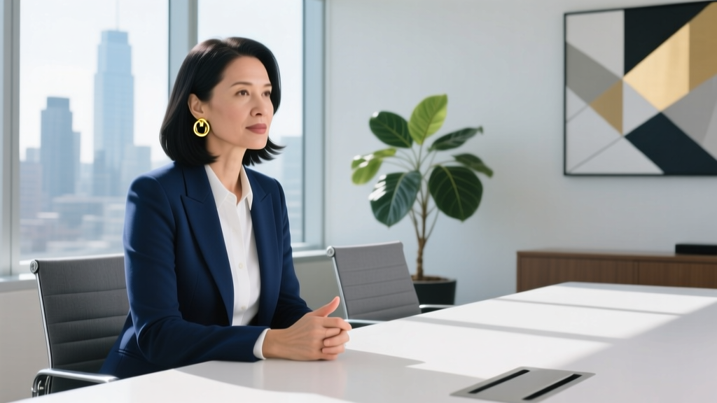 Professional woman in a tailored navy blazer wearing medium gold Tory Burch Miller hoop earrings during a modern office meeting