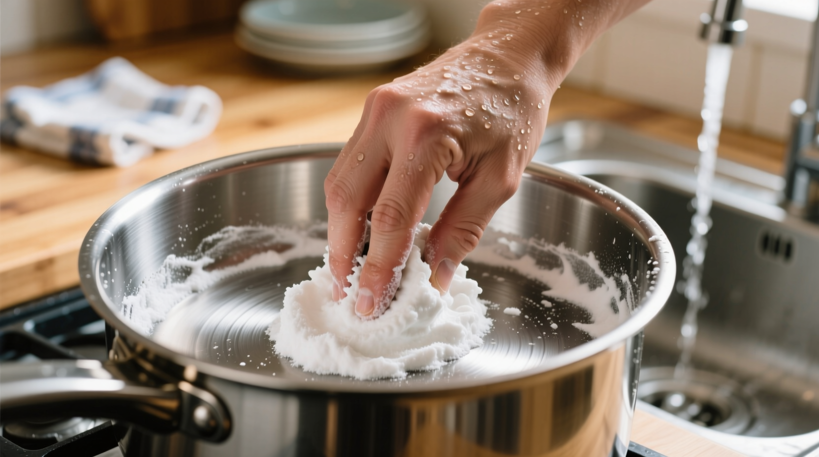 Hand scrubbing a stainless steel pot with baking soda