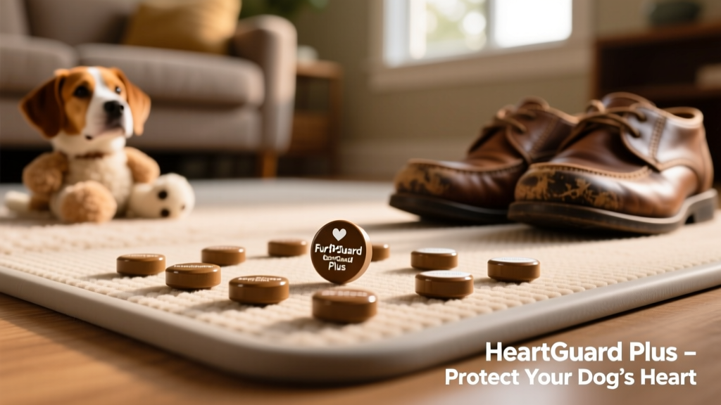 Close-up of FurPetVo HeartGuard Plus chewable tablets arranged on a pet-safe surface