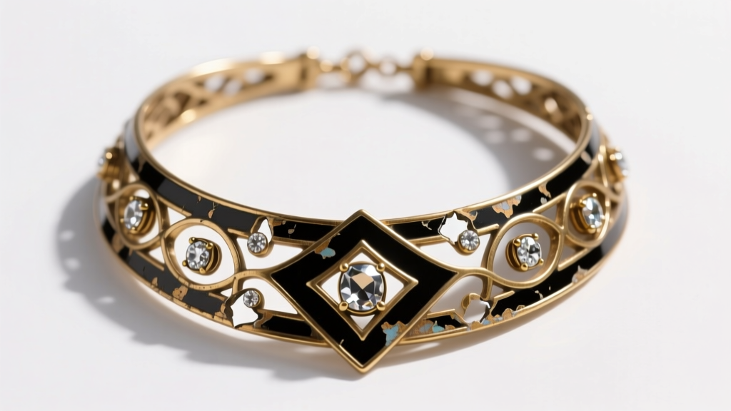 Chipped black enamel and missing marcasite stones on a brass filigree art deco collar necklace base under bright inspection light.