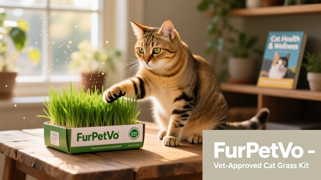A happy cat gently interacting with a safe, certified cat grass kit from FurPetVo