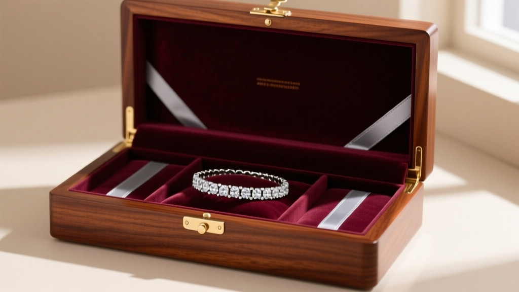 Open mahogany jewelry box with velvet compartments, anti-tarnish strips, and a high-carat diamond tennis bracelet resting inside.