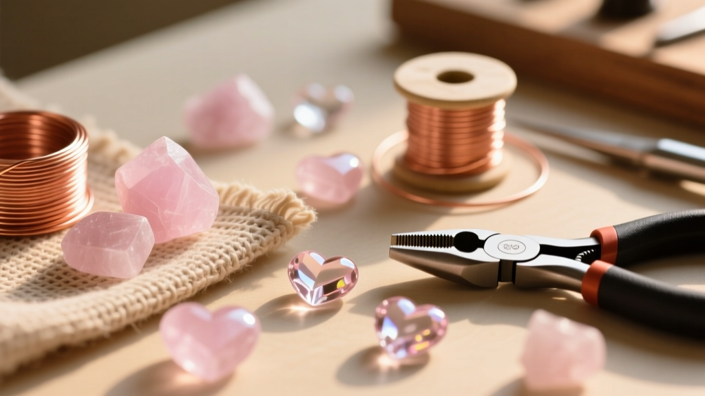 Macro shot of a DIY workbench with scattered rose quartz and glass heart beads, copper wire, and round-nose pliers in warm light.