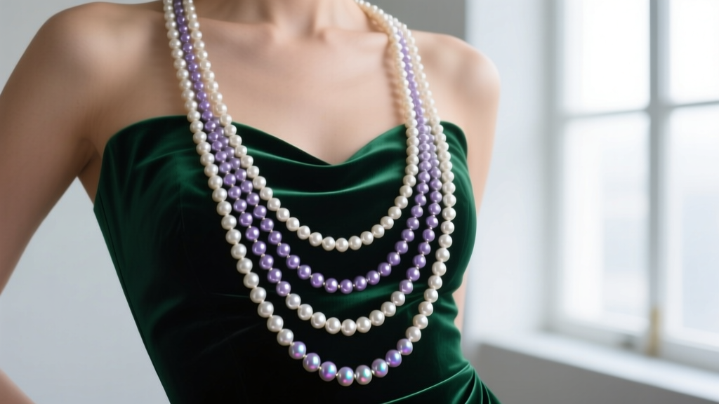 A 30-inch opera-length pearl necklace elegantly draped over a dark emerald green evening gown, showcasing the gemstone luster.