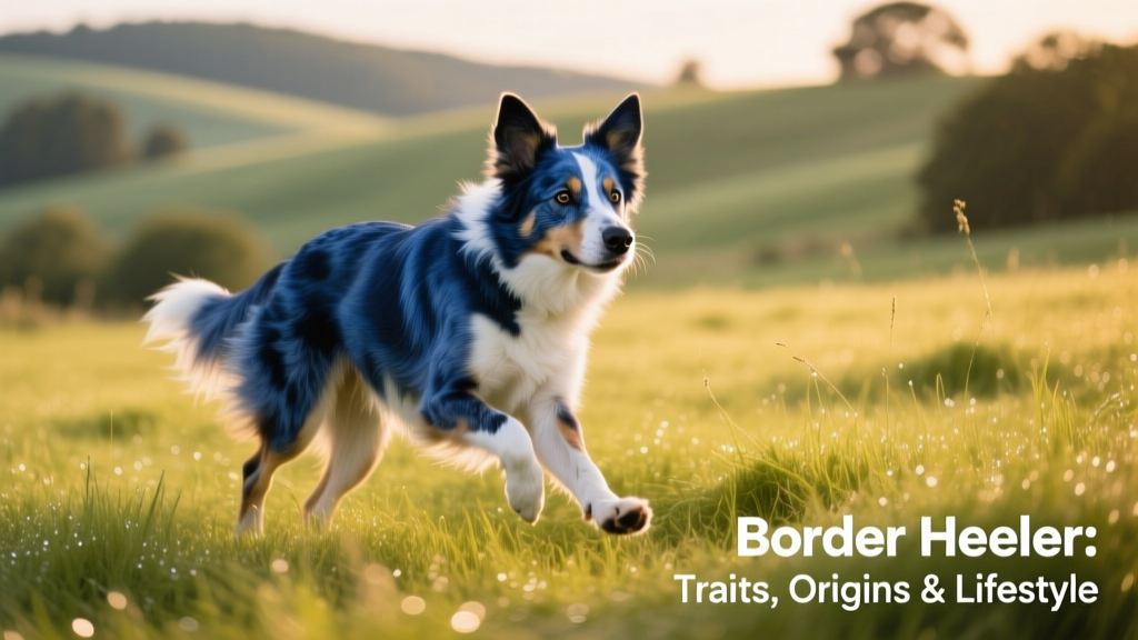 A lively Border Heeler mid-stride in a grassy field, showing alert expression and athletic build