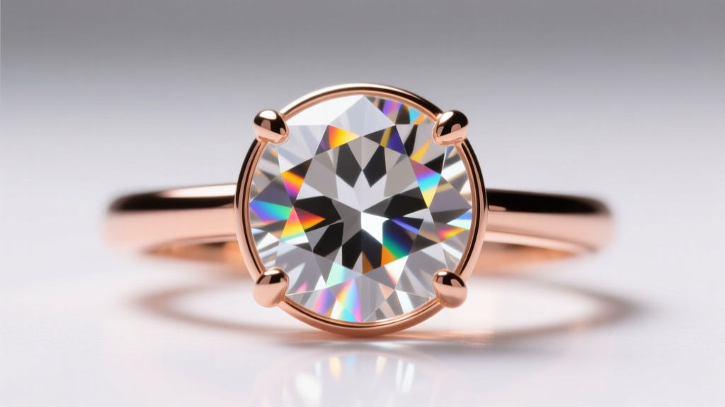 Close-up of a lab-grown diamond in a rose gold bezel, showing bright light dispersion and high clarity under soft studio lighting.