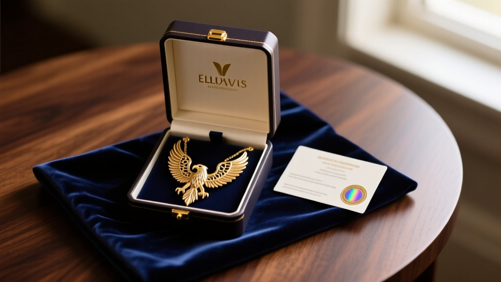 Gift box holding a licensed Elvis Aloha eagle necklace, an authenticity card, and a velvet cloth on a dark wooden table