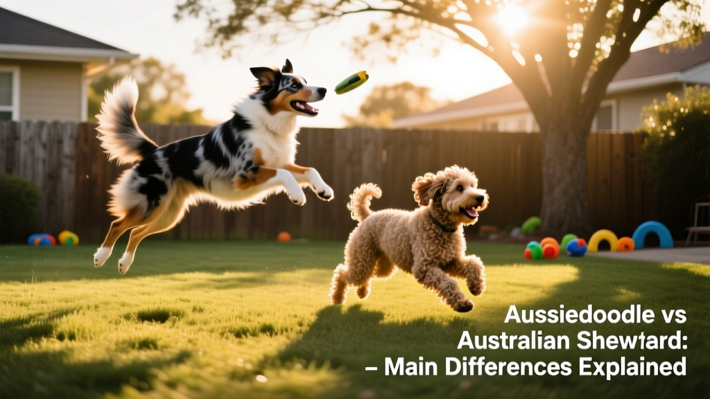 Two dogs playing fetch in a sunny backyard—one Australian Shepherd mid-leap, one Aussiedoodle sprinting beside it