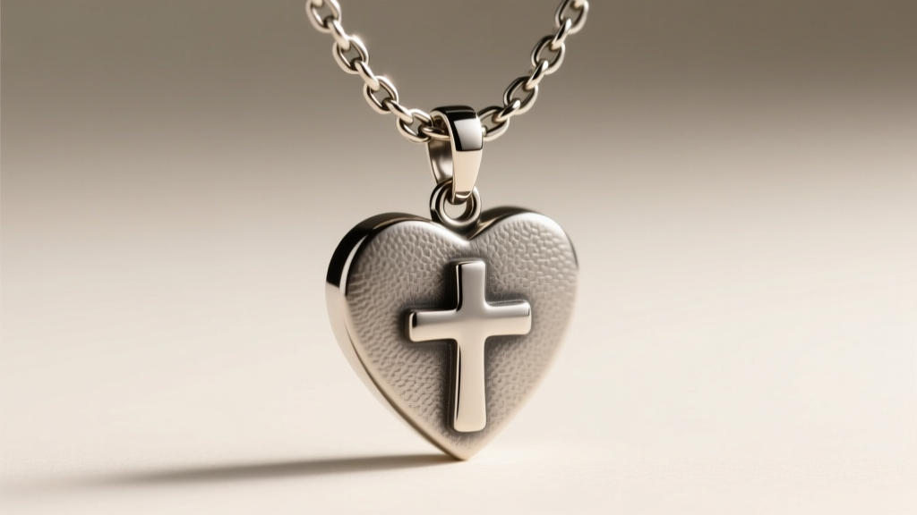 1.2mm steel rolo chain threaded through a soldered bail on a heavy heartbeat cross pendant, shown under soft studio lighting.