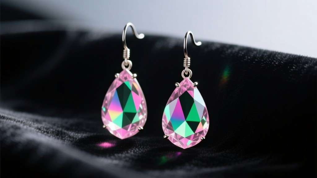 Macro shot of aurora borealis crystal drop earrings in light, showing pink and green iridescent reflections on dark velvet fabric.