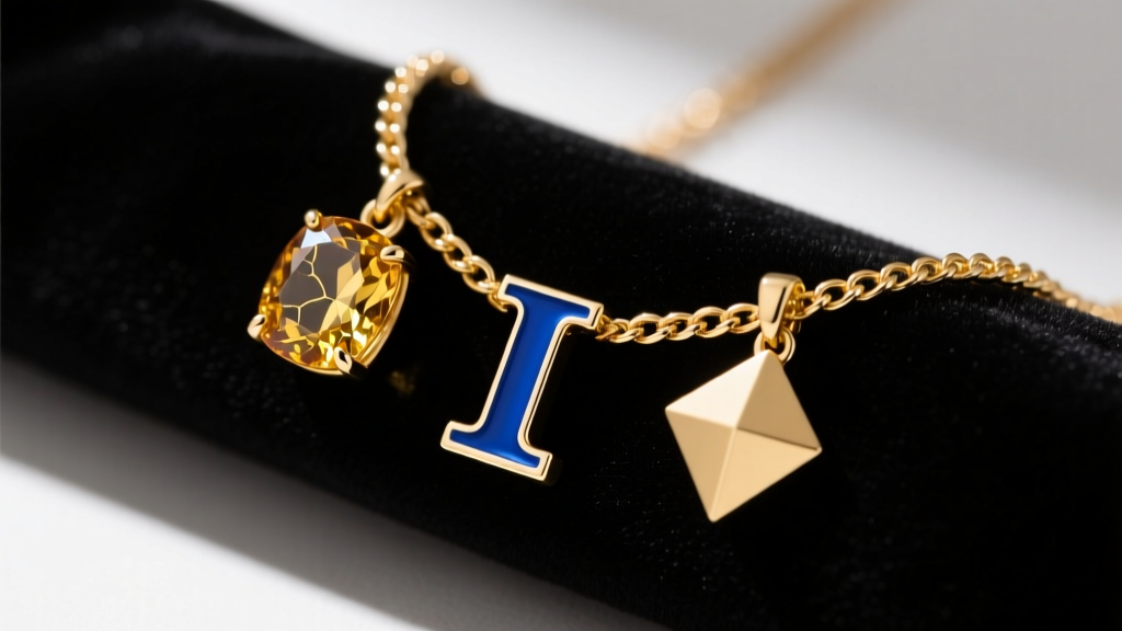 Close-up of a gold chain holding three custom charms, including an enameled initial and a raw gemstone, resting on dark velvet.