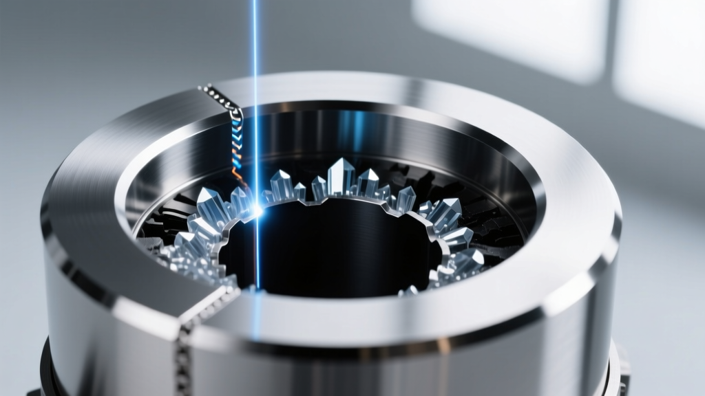 Close-up cross-section of a neodymium magnet core encased in polished surgical stainless steel showing a precise laser-welded seam.