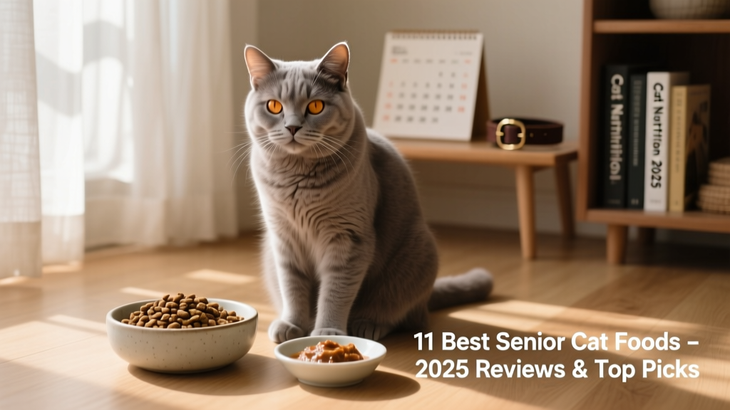 Senior cat sitting calmly beside a bowl of high-quality dry kibble and a small dish of wet food