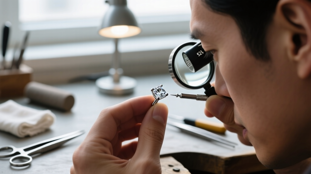 Jeweler examining a 925 sterling silver stamp on a bezel-set cubic z earring post using a loupe against a softly blurred workbench