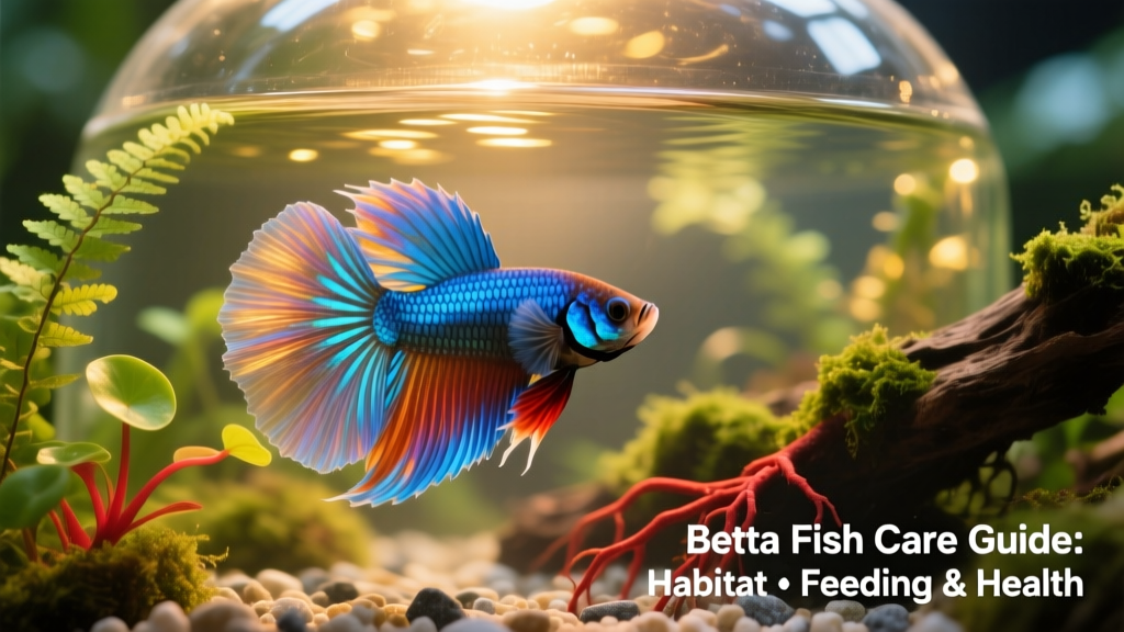 Close-up of a brightly colored male betta fish flaring its fins in a well-planted aquarium