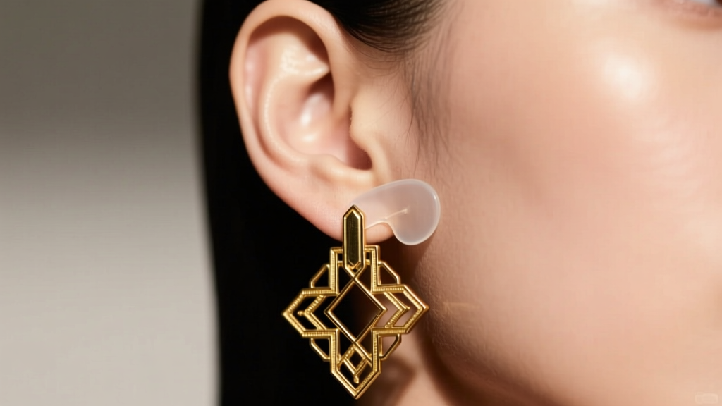 Side view of an earlobe wearing a heavy antique Art Deco pierced earring supported by a clear silicone patch to prevent sagging