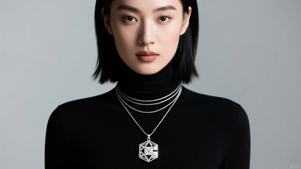 Model wearing a layered necklace stack with a silver millennium puzzle pendant over a black turtleneck, lit by soft studio light.