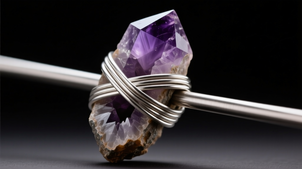 Close-up of 18-gauge sterling silver wire wrapped around a raw amethyst stone on a steel mandrel under warm, focused studio light